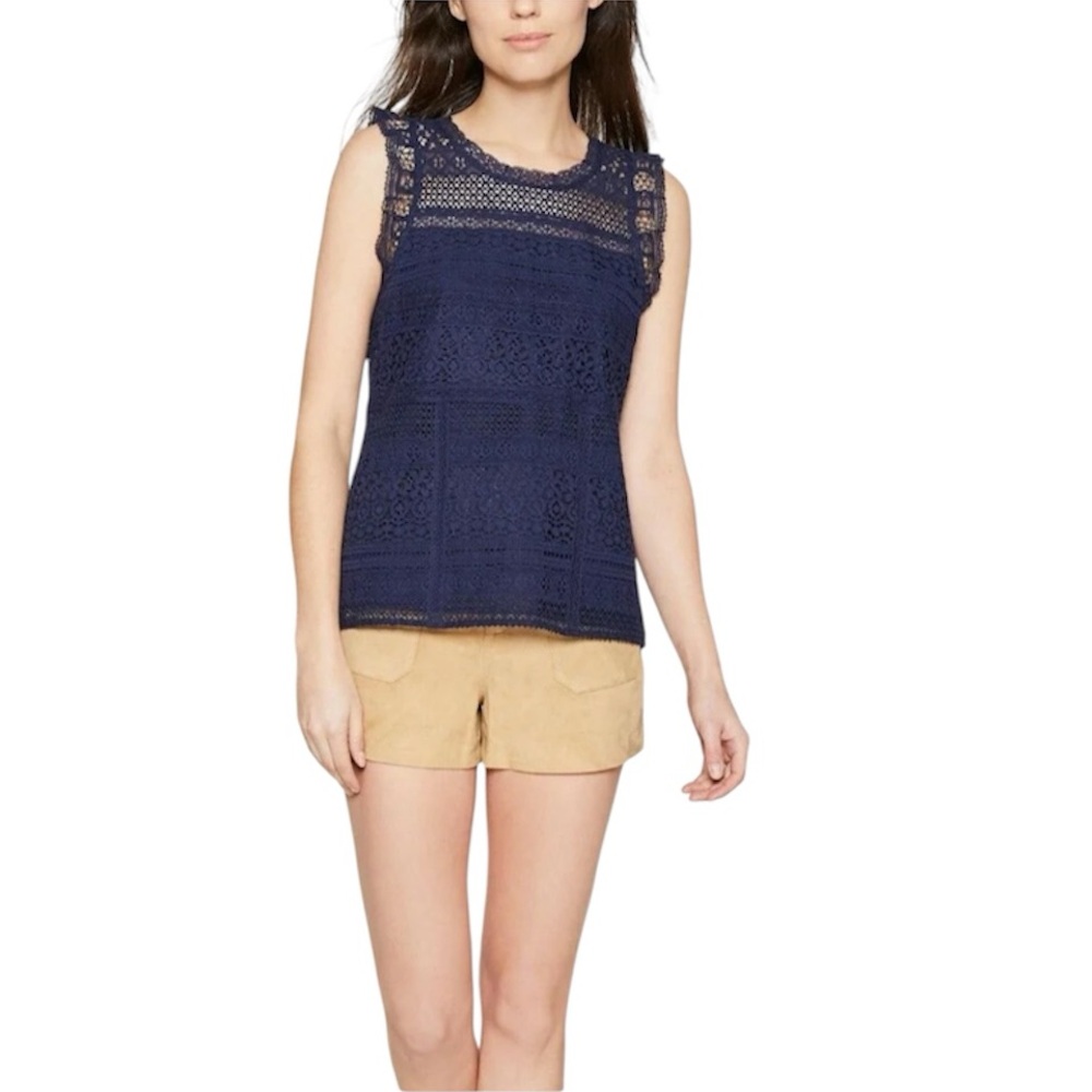Joie Lupe Navy Lace Sleeveless Flutter Sleeve Top Feminine Coquette Quiet Luxury